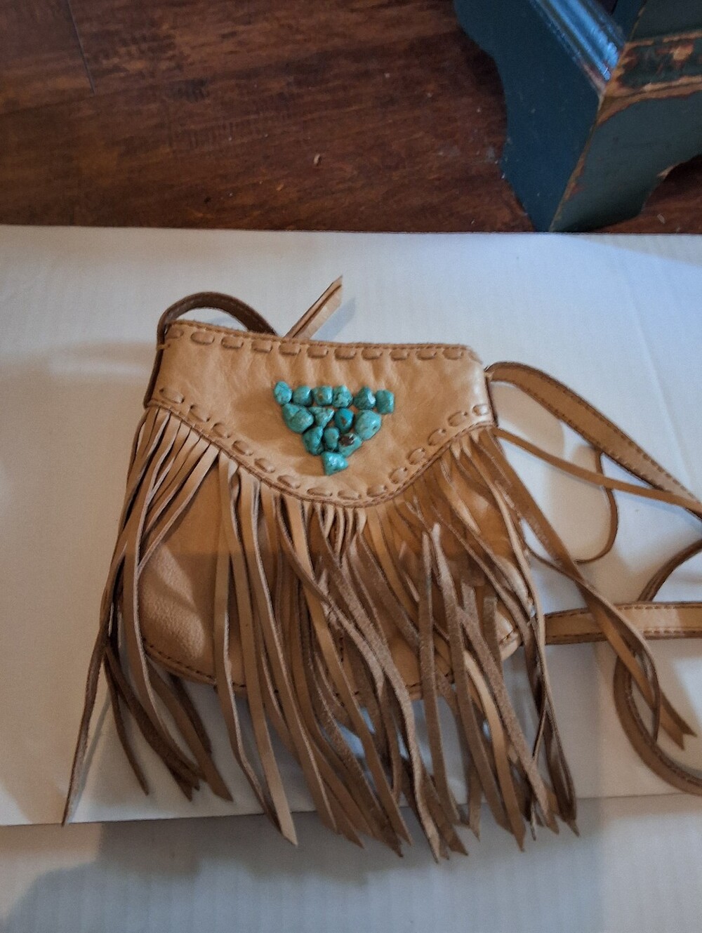 Lucky Brand Tan Leather Fringe Crossbody Bag Turquoise Boho Southwestern Purse - Picture 3 of 13